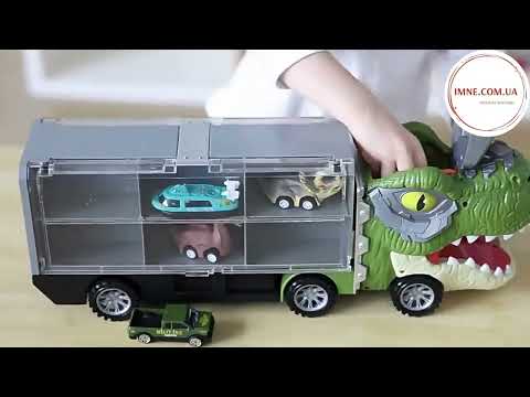 Великий дино трак гараж контейнеровоз із набором машинок і фігурок для дитини 13 предметів автовоз світло звук, видео 1