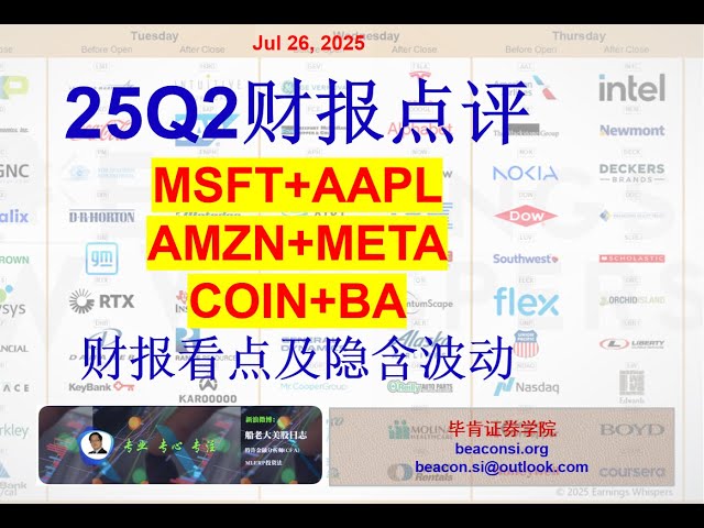 25Q2财报点评：六大科技龙头股财报及走势，稳定币COIN估值参照#MSFT##AAPL##AMZN##META##GOOGL##TSLA#BA#COIN#