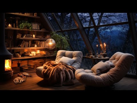 Thunderstorm With Lightning, Rain On Window And Gentle Crackling Fire In A Cozy Lounge Area