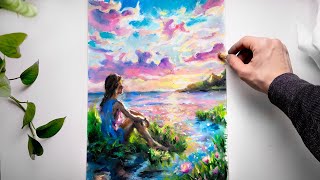 ASMR Drawing a Peaceful Lake with Pastels - No Talking