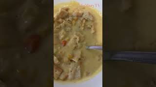 Chicken corn chowder is delicious, lots of crackers make it even better! #foodie #vlog