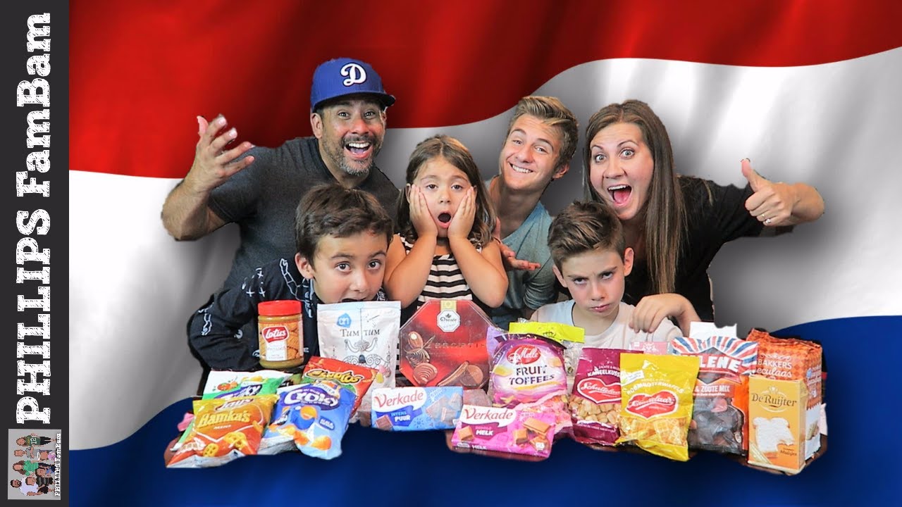 DUTCH FOOD TASTE TEST | AMERICANS TRY CANDY SNACKS FROM THE NETHERLANDS | PHILLIPS FamBam Taste Test