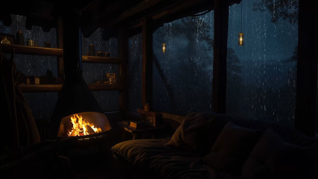 Rainy Night in a Wooden Cabin | Cozy Fireplace with Rain Sounds for ...