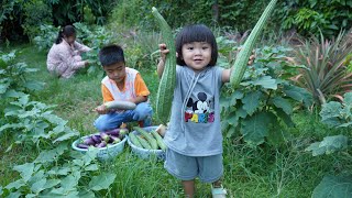 So cute children in countryside help mom collect vegetable for cooking - Sreypov life show