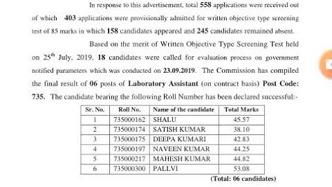 Hpssc today declared the result of post code 735 laboratory assistant 2019 notifications