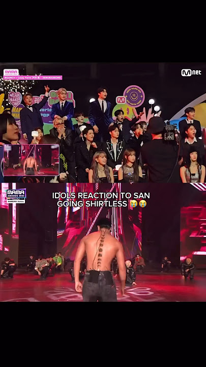 Idols’ reaction to San’s iconic shirtless moment at MAMA 2023😭 cr. atzside
