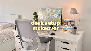 cozy desk setup makeover 🌸🌱 minimal pinterest aesthetic, 27" monitor, ikea unboxing, room makeover