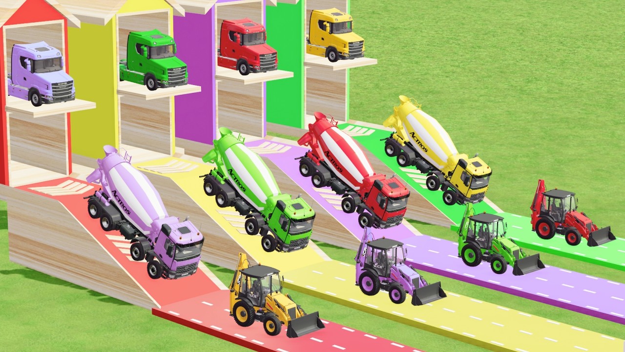 Garage with Colors - ALL MIXER TRUCK WITH DOUBLE FLATBED TRAILER TRUCK SCANIA, MIXER ACTROS