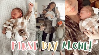 First Day Solo With Three Kids! 2-week-old, Toddler & Preschooler!