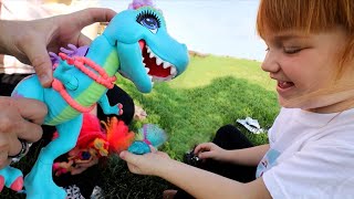 ADLEY finds a PET DiNOSAUR!!  Playing with Mom, hidden dino eggs, Cave Club routine & pretend play