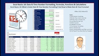Excel Basics 10: Date & Time Number Formatting, Formulas, Functions & Calculations