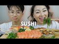 SUSHI Mukbang *Oshi Sushi, Rainbow Roll and Salmon Sashimi BEST SUSHI | N.E Let's Eat