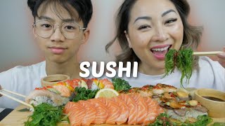 SUSHI Mukbang *Oshi Sushi, Rainbow Roll and Salmon Sashimi BEST SUSHI | N.E Let's Eat
