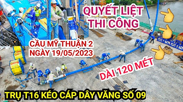Quá trình kéo các bó cáp dây văng số 09/16 trên trụ T16 Cầu Mỹ Thuận 2, bó cáp dài nhất gần 120 mét