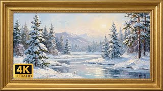 Textured Winter Landscape for Frame TV: Snowy Pine Forest & Frozen River in Gold Frame (4K) screenshot 5