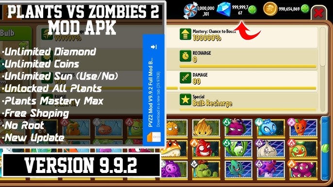 Plants vs Zombies 2 Mod Apk 11.0.1 All Plants Unlocked Max Level