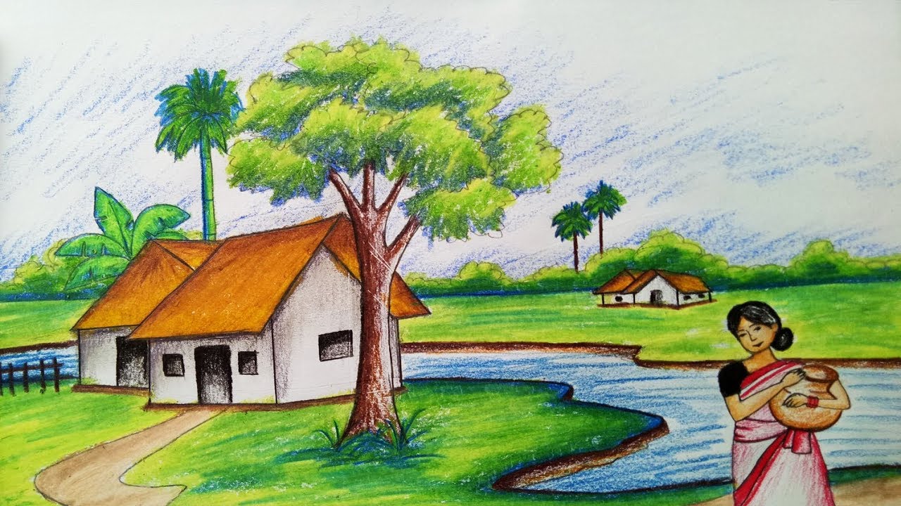 How to draw village scenery with oil pastels Step by step 
