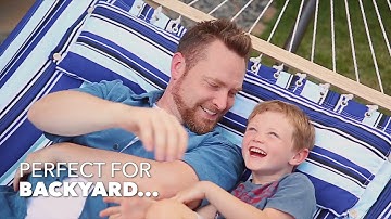 SUNCREAT 2 Person Quilted Fabric Hammock with Spreader Bar, Pillow and Chains, Blue striped