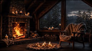 COZY CABIN FIREPLACE | Cozy room Ambiance rain fireplace sounds at night | Cozy rain fireplace