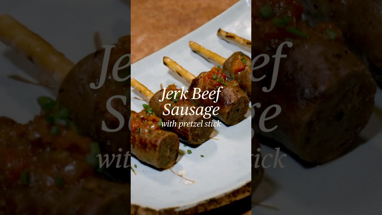 Presenting Jerk Beef Sausage with Pretzel Sticks 