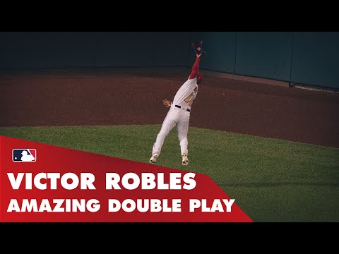 Nationals&rsquo; Victor Robles AMAZING double play! Makes the catch and throw goes 288 Feet on the fly!