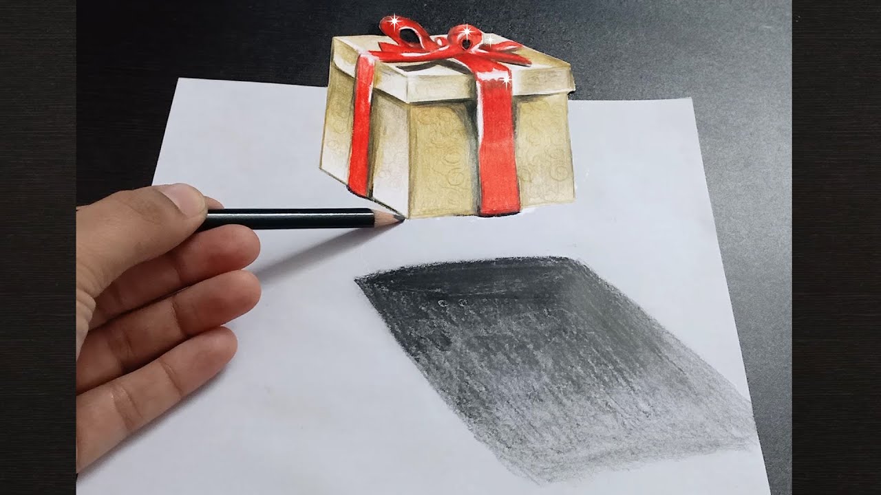 How to Draw 3D Gift Box .Drawing 3d Christmas gift easy
