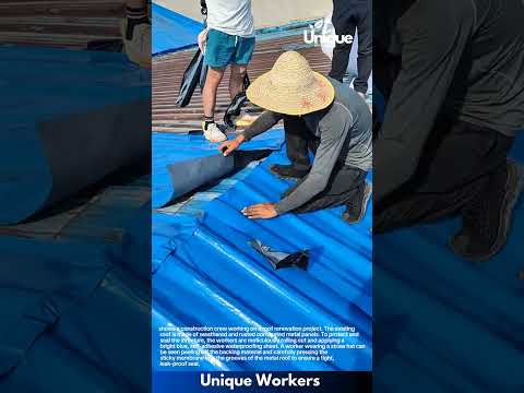 Roof Waterproofing: Applying Blue Adhesive Membrane to Corrugated Metal Sheets