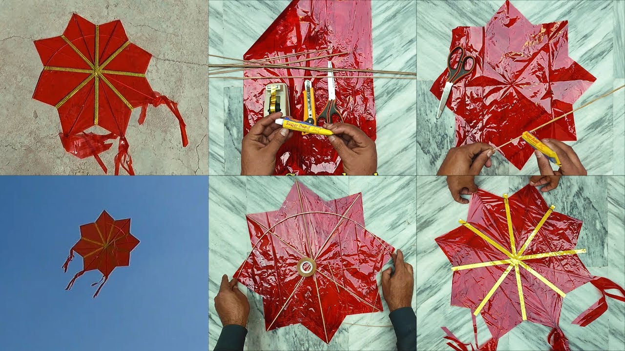 How To make Star Kite with Red Transparent Paper & Bamboo sticks making and flying -  DIY Star kite