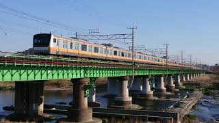 中央線 多摩川橋梁を渡るE233系快速電車行き違い 2019年4月4日