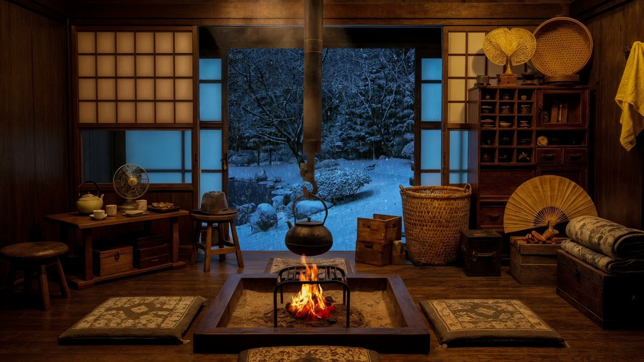 The Most Peaceful Winter Night in Japan – Fireplace  Sounds  & Soft Snowfall for Sleep & Relaxation
