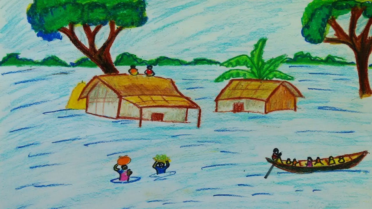 How To Draw Scenery Of Flood Very Easily YouTube