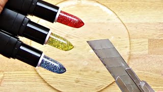 Slime Coloring with Makeup! Mixing 3 Glitter Lipsticks into Slime! Satisfying Lipstick Cutting #1