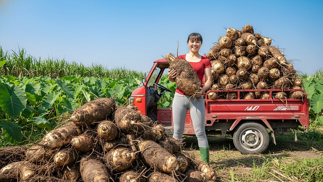 TIMELAPSE — Harvesting Tons of Giant Taro Roots, 3-Wheeled Truck Fully Loaded & Sold Out Instantly!