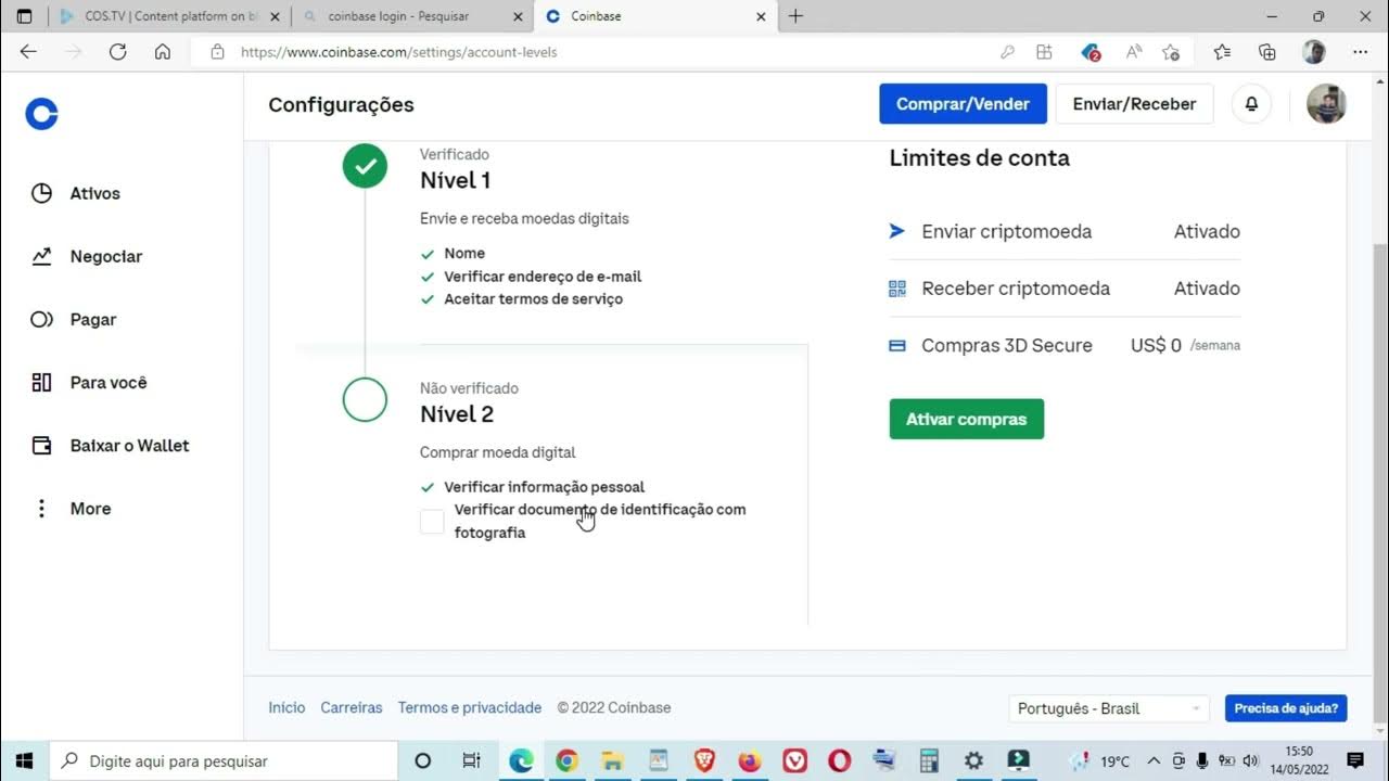Como criar conta na coinbase/Ativa nivel 2 para enviar cripto moedas e