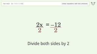 Linear equation with one unknown: Solve 2x=6+(-18) step-by-step solution