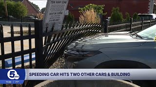 1 in critical condition after car ends up in building following multiple car crash