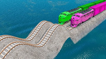 Double Colorful Train Vs Undulating Impossible Weird Rail Track Crossing Deepwater in BeamNG.drive