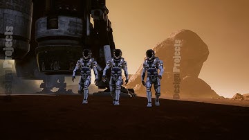 Astronauts walk on the surface of Mars after landing in a rocket. Panoramic landscape on the surface