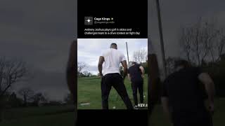 Anthony Joshua plays golf in slides and challenges team to a drive contest on fight day.