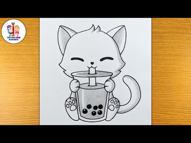 Kawaii Japanese Anime Cat Bubble Tea - Neko Kitty Drawing by DNT