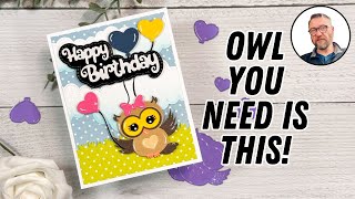 Make a Charming A2 Birthday Card with the Owl Music Box Add-On Die Set by Pixi Dust Designs