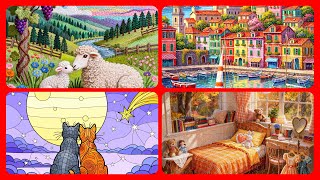 Zen Color by Number Pictures Collage Puzzle Fabric Happy Cats #zencolor