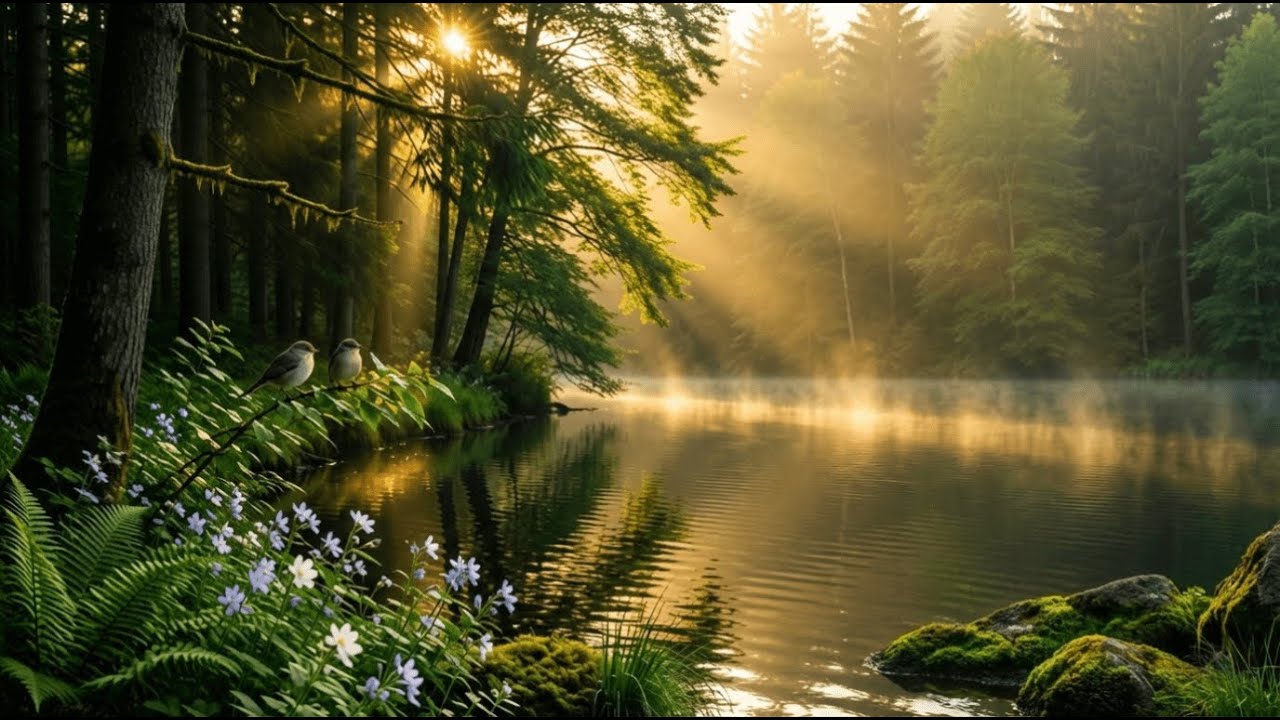 Forest Lake Sunrise in 4K | Birds, Mist & Deep Relaxation Piano