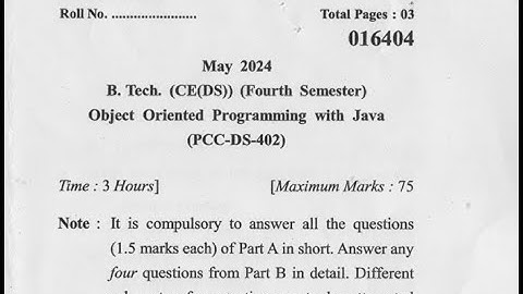 BTECH CS Object Oriented Programming With JAVA  (question paper 2024 -YMCA)