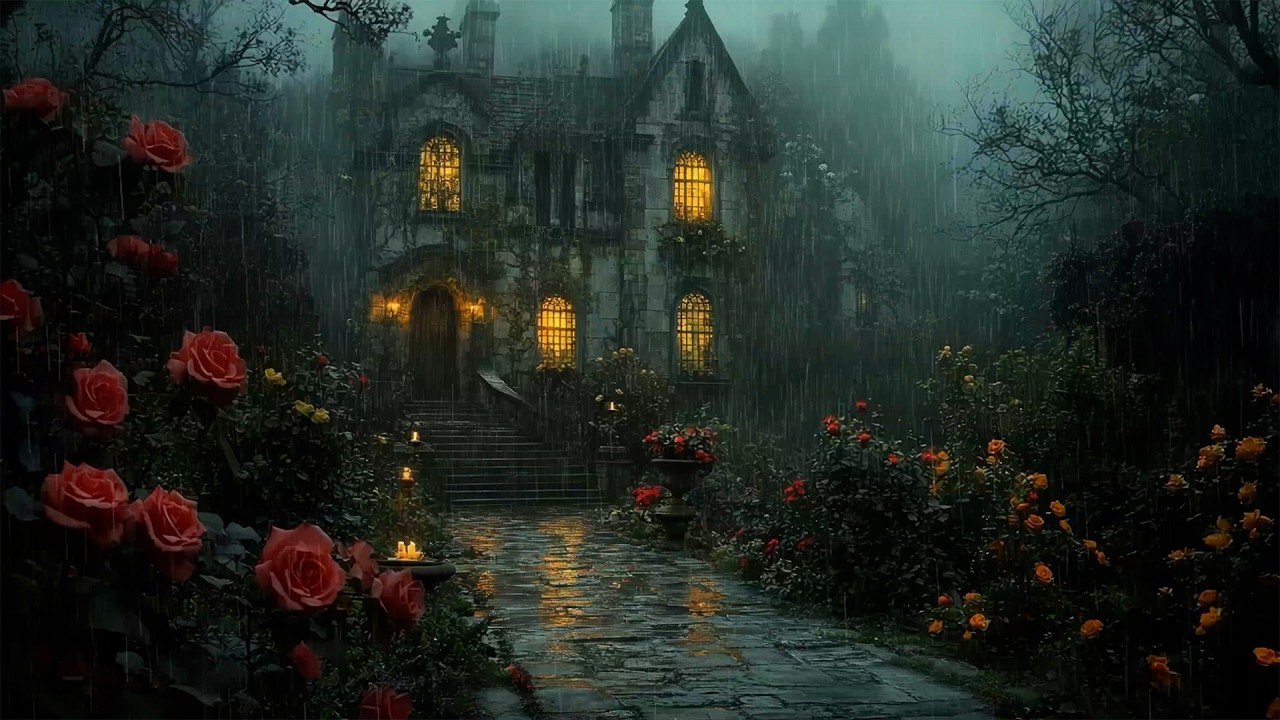 You're Wandering a Rain-Soaked Castle Garden | Dark Academia Writing Music | Heavy Rain Ambience