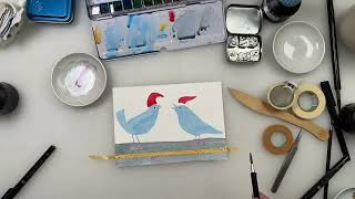 How to Paint Watercolor Birds with Santa Hats