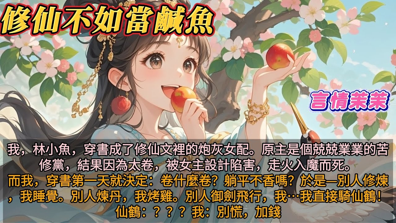 古言躺贏文｜《修仙不如當鹹魚》我，林小魚，穿書成了修仙文裡的炮灰女配。原主是個兢兢業業的苦修黨，結果因為太卷，被女主設計陷害，走火入魔而死。而我，穿書第一天就決定：卷什麼卷？躺平不香嗎？#搞笑輕鬆文