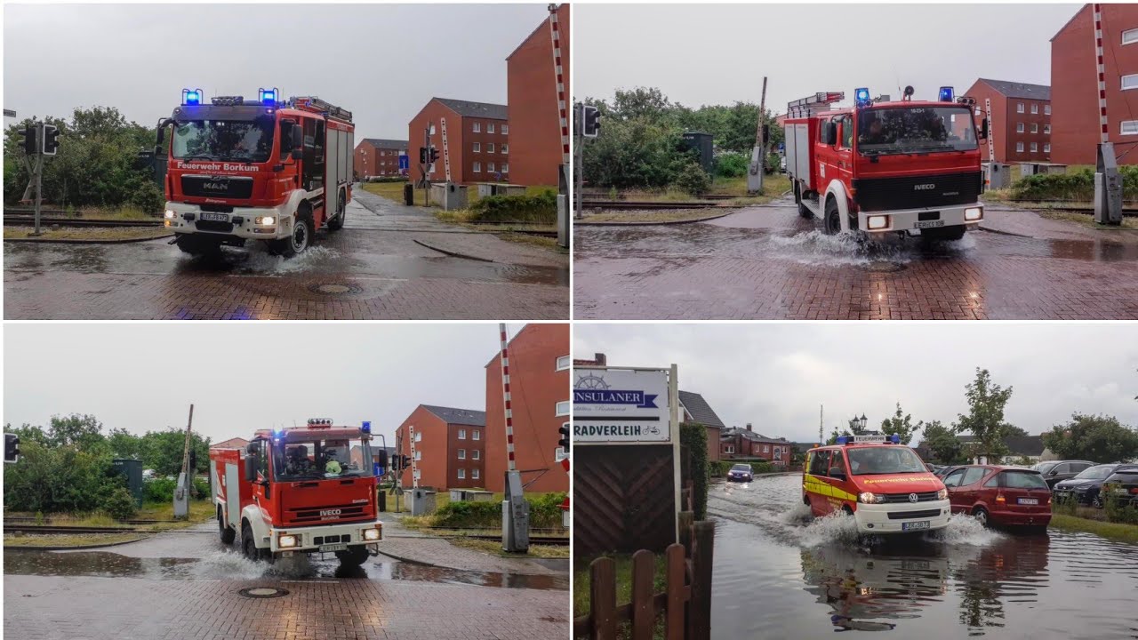 [E] - Sirenenalarm  |  Ankommende FF'ler und Einsatzfahrten der Feuerwehr Borkum bei einem Gewitter