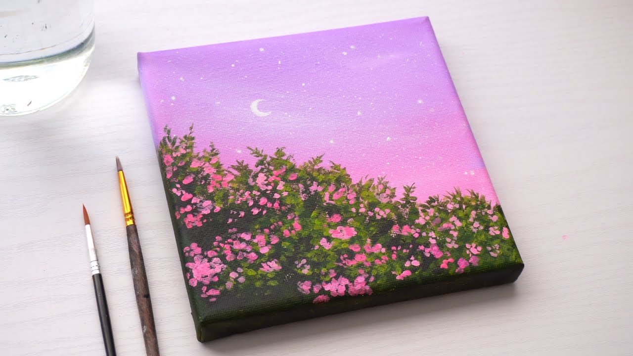 Landscape Painting: Acrylic Mini Canvas Art of a Pink Floral