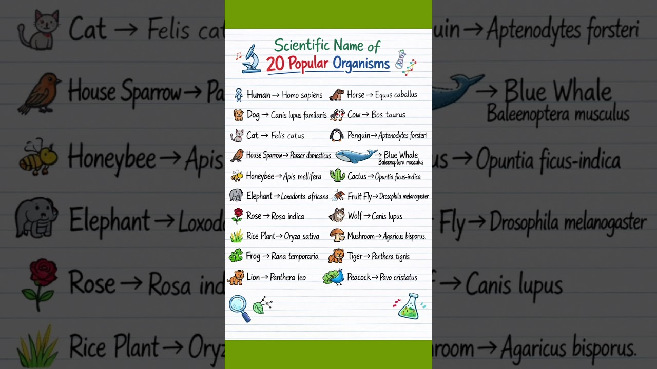 "Scientific name of 20 popular organisms"